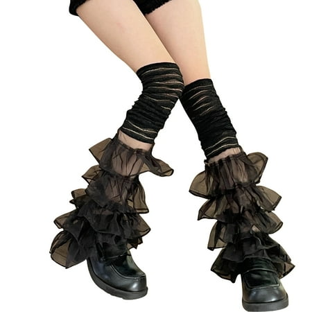 

YUUZONE Women Cute Pile Sock Long Knee Length Solid White Black Lacy Stitching Parties Clubs Subculture-Style Wearing for Summer
