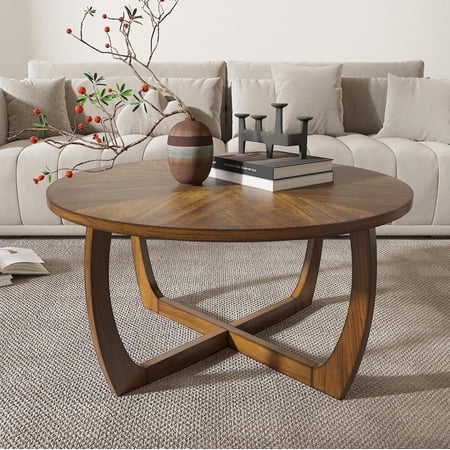 Hanyu Round Wood Coffee Table, Mid Century Modern Round Walnut Coffee Tables for Living Room, 33.5" Dia. Circle Drum Coffee Table with Cross Legs, Easy Assembly, Brown Walnut KFZ-3223