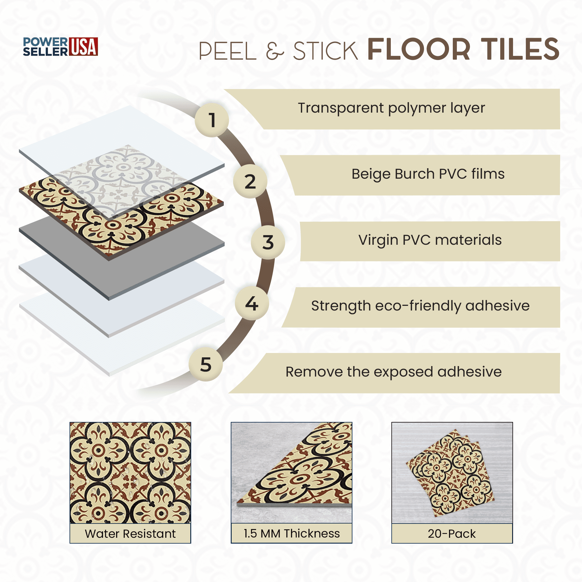 PowerSellerUSA Self-Stick Vinyl Modern Geometric Floor Tiles Ultra Durable 1.5mm Thick Tiles, 5-Pack/100 Square Ft., 12" x 12", Beige Burch