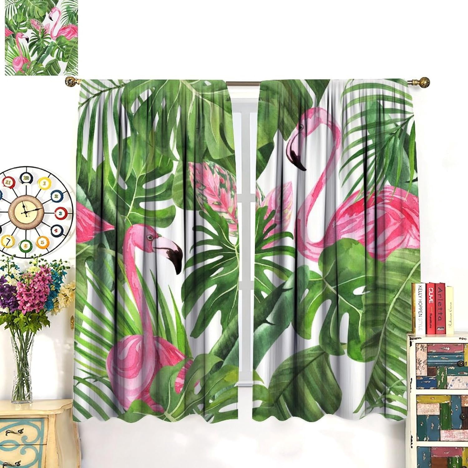Tropical Curtain Green Botanical and Flamingo Blackout Print Rod Pocket Window Drapes for Bedroom Living Room 52x84in