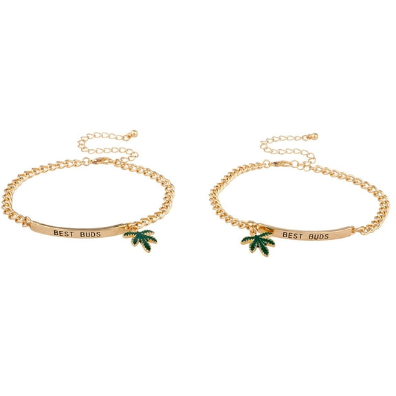 Lux Accessories GoldTone Best Buds BFF Friends Marijuana Leaf Bracelet Set 2PC