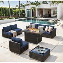 TANGJEAMER Outdoor Garden 8 Piece Patio Furniture with 43" 55000BTU Gas Propane Fire Pit Table Rattan Wicker Sectional Set