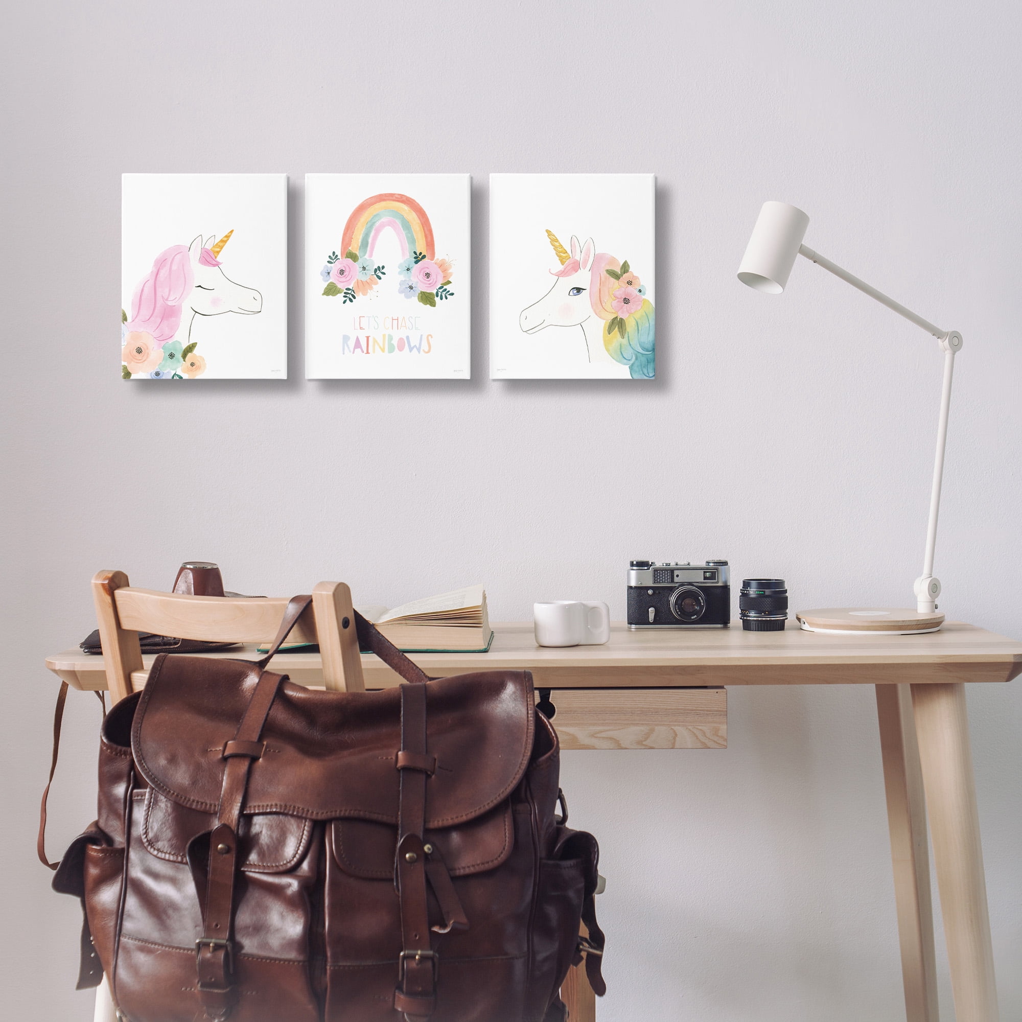 Stupell Industries Let's Chase Rainbows Unicorns Fairy Tales & Fantasy Painting Gallery Wrapped Canvas Art Print Wall Art, 11 x 14, Set of 3