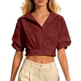 thumbnail image 2 of Women Solid Button Down Short Sleeve Blouse Casual Collared Crop Top Red L, 2 of 5