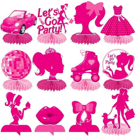 Hot Pink Girl PresNok Party Honeycomb Centerpieces 12Pcs Pink Party Decorations for Girls Hot Pink Princess Centerpieces for Bachelorette Party Bridal Shower Girls Party Supplies