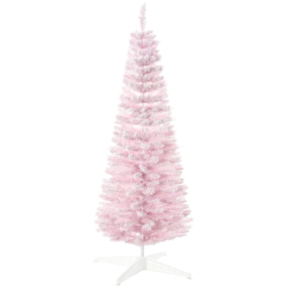 DreamBuck 5' Snow Flocked Artificial Pencil Christmas Tree, Slim Xmas Tree with Realistic Branches and Plastic Base Stand for Indoor Decoration, Pink