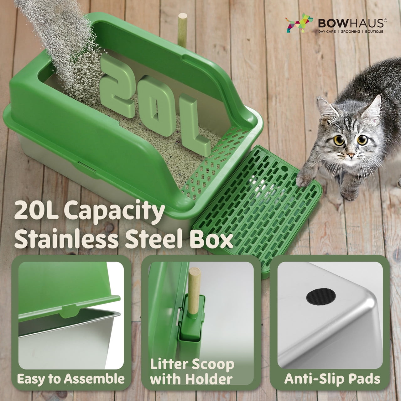 CAPHAUS XL Enclosed Stainless Steel Cat Litter Box with Lid, Extra Large High Sided Metal Cat Litter Pan w/ Scoop, Odor Control Design, Easy Clean & Anti-Leakage, High Sided Steel Litter Box, Green
