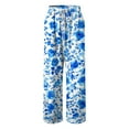 thumbnail image 4 of felwors Women Summer Boho Palazzo Pants High Waist Wide Leg Floral Casual Cotton Lounge Trousers with Pockets Blue, XXL, 4 of 7