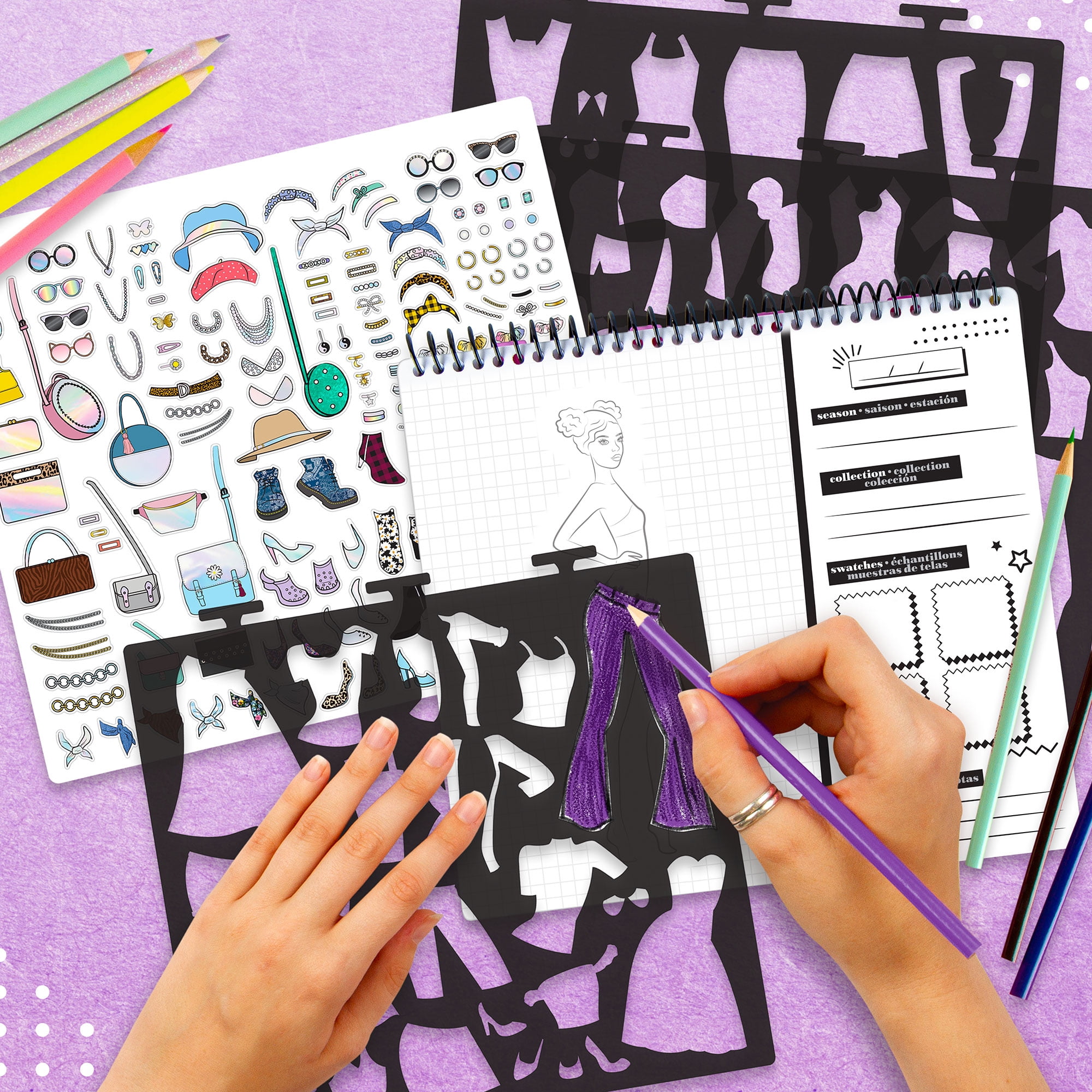 Fashion Angels: Runway Fashion Designer Sketch Set - 35 Sheet Portfolio Pad, Stencils & Stickers, Create Clothing Styles, Drawing & Activity, Kids 6+