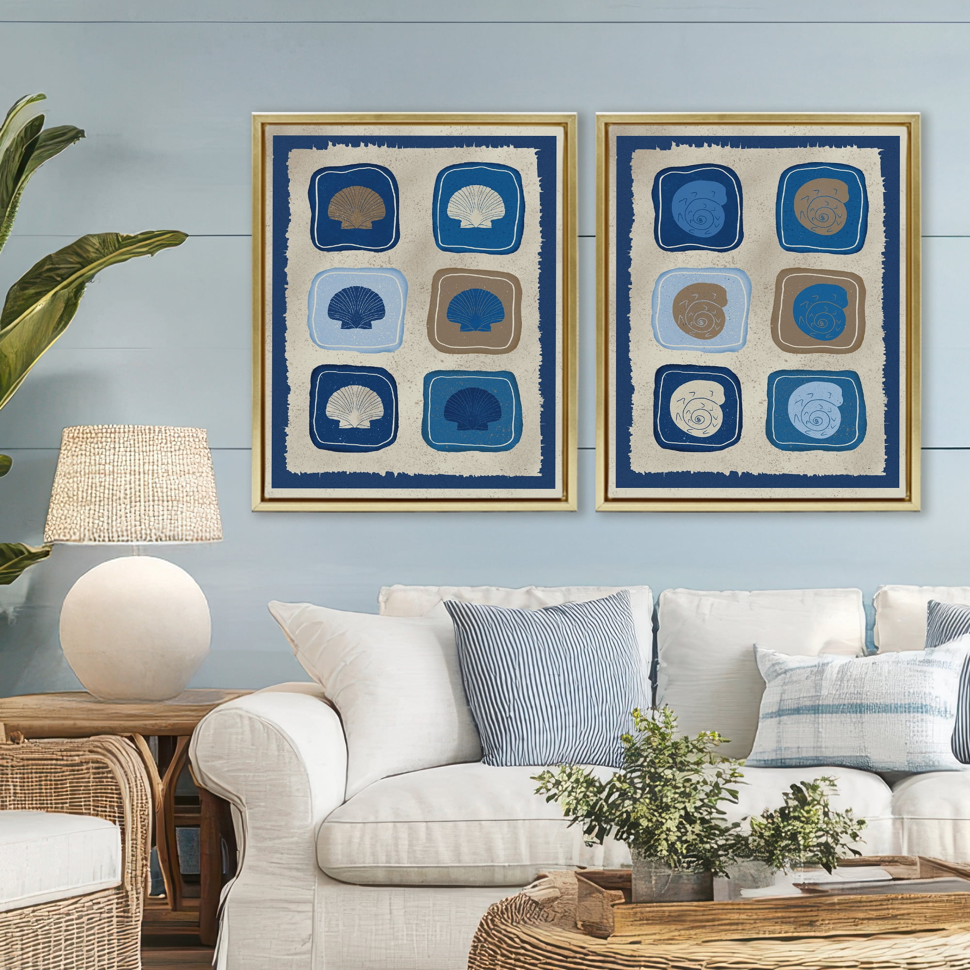 Stupell Industries Blue Blocked Seashells 2 Piece Gold Framed Floater Canvas Set, design by Julia Frost