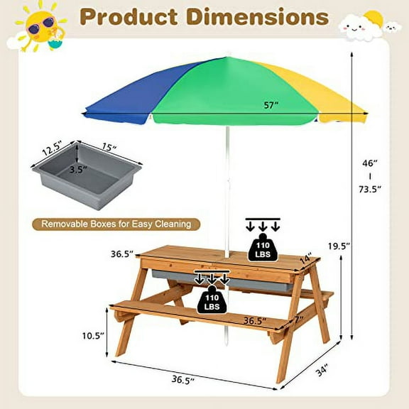 KOTEK - Picnic Table, 4 in 1 Sand and Water Table w/Detachable Tabletop, 2 Removable Play Boxes, Foldable & Height Adjustable Umbrella, Wood Sensory Table and Bench for Outdoors