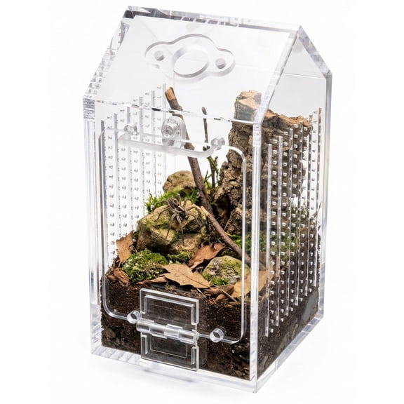 NiHome Clear Acrylic Tarantula Terrarium, Reptile breeding Box, Acrylic Praying Mantis Enclosure, Magnetic Front Opening Door & Feeding Port, Escape-Proof Reptile Habitat,1.5mm Ventilation Holes