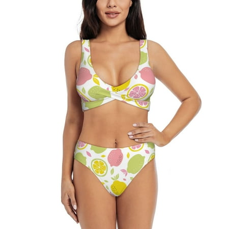 Womens Bikini Sets Two Piece  Colorful Lemon Cartoon Cross Design Swimsuit High Waisted Bathing Suit For Women 2024