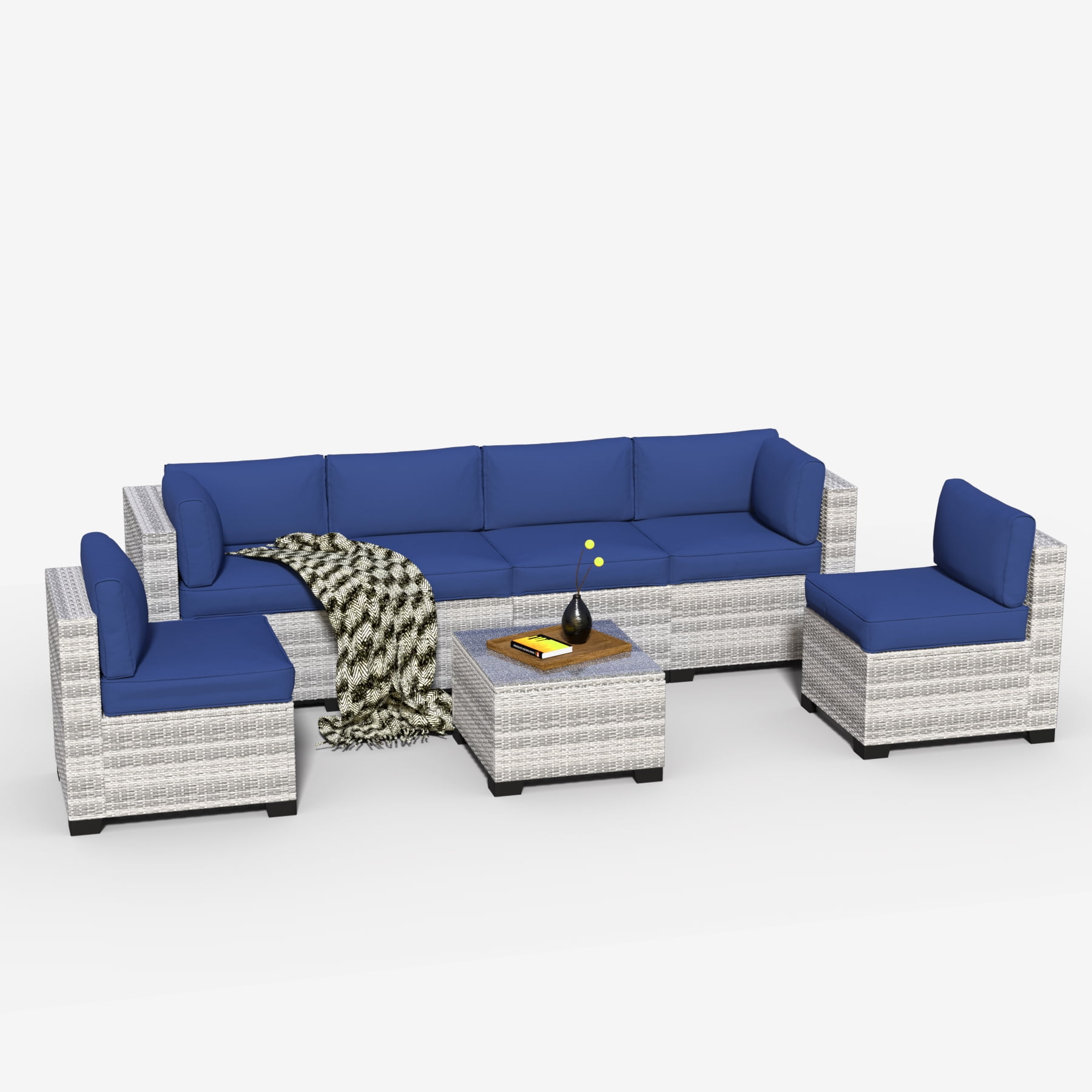 7-Piece Outdoor Patio Furniture Set, All-Weather Rattan Sectional Sofa with Waterproof Cushions & Tempered Glass Table, Perfect for Garden, Poolside, Backyard (Navy Blue)