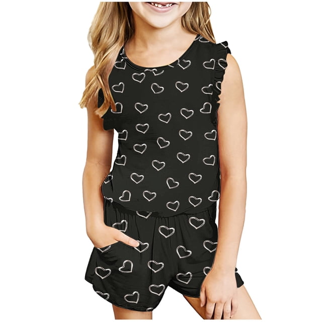 LSLJS Mode Girls' Casual Manches Col Rond Imprimé Pantalon Court Sets Bébé Girls Outfit Sets