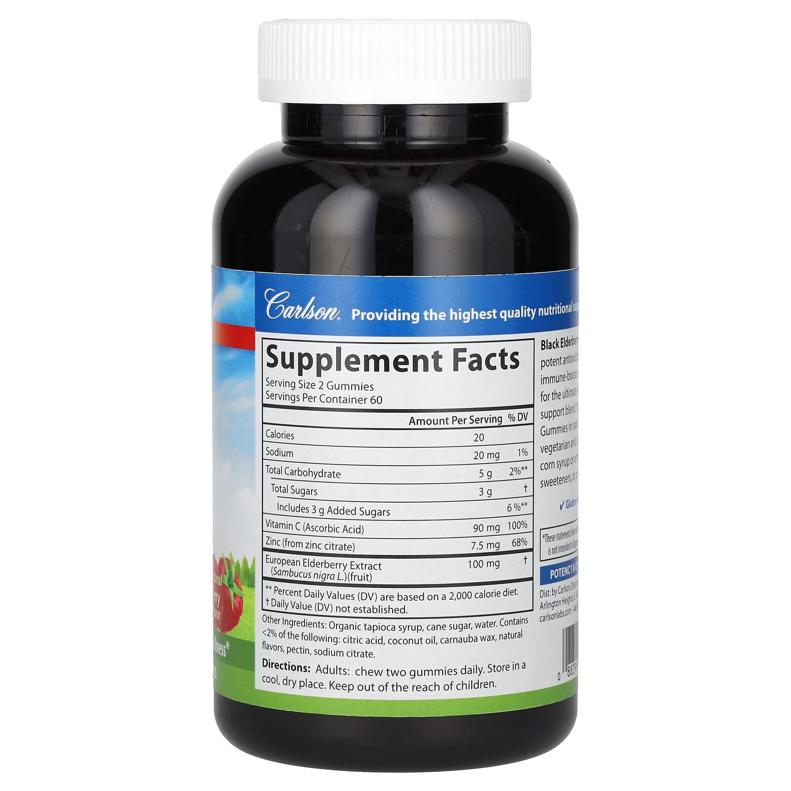 Carlson - Black Elderberry Gummies, 100 mg + Vitamin C and Zinc, Immune Support, Berry Flavor, 120 Gummies