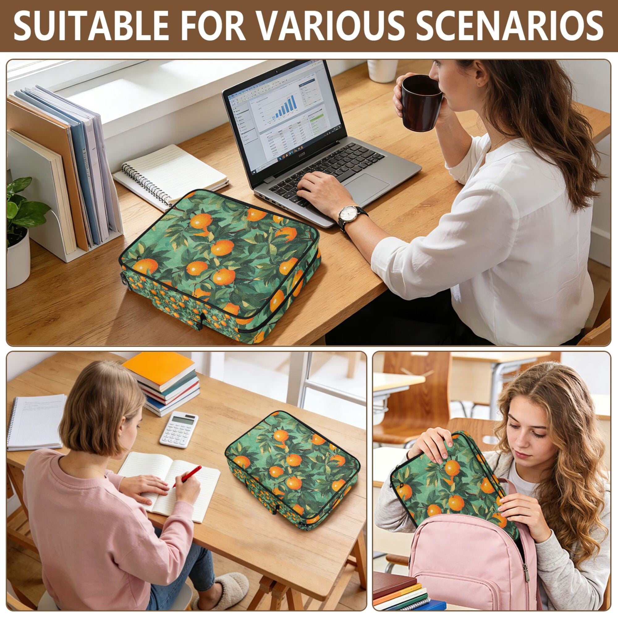 FORMRS Accordion File Folder A4 Size 7-Pocket Expanding Document Organizer Bag with 3 Ring Binder, Orange Tree Pattern