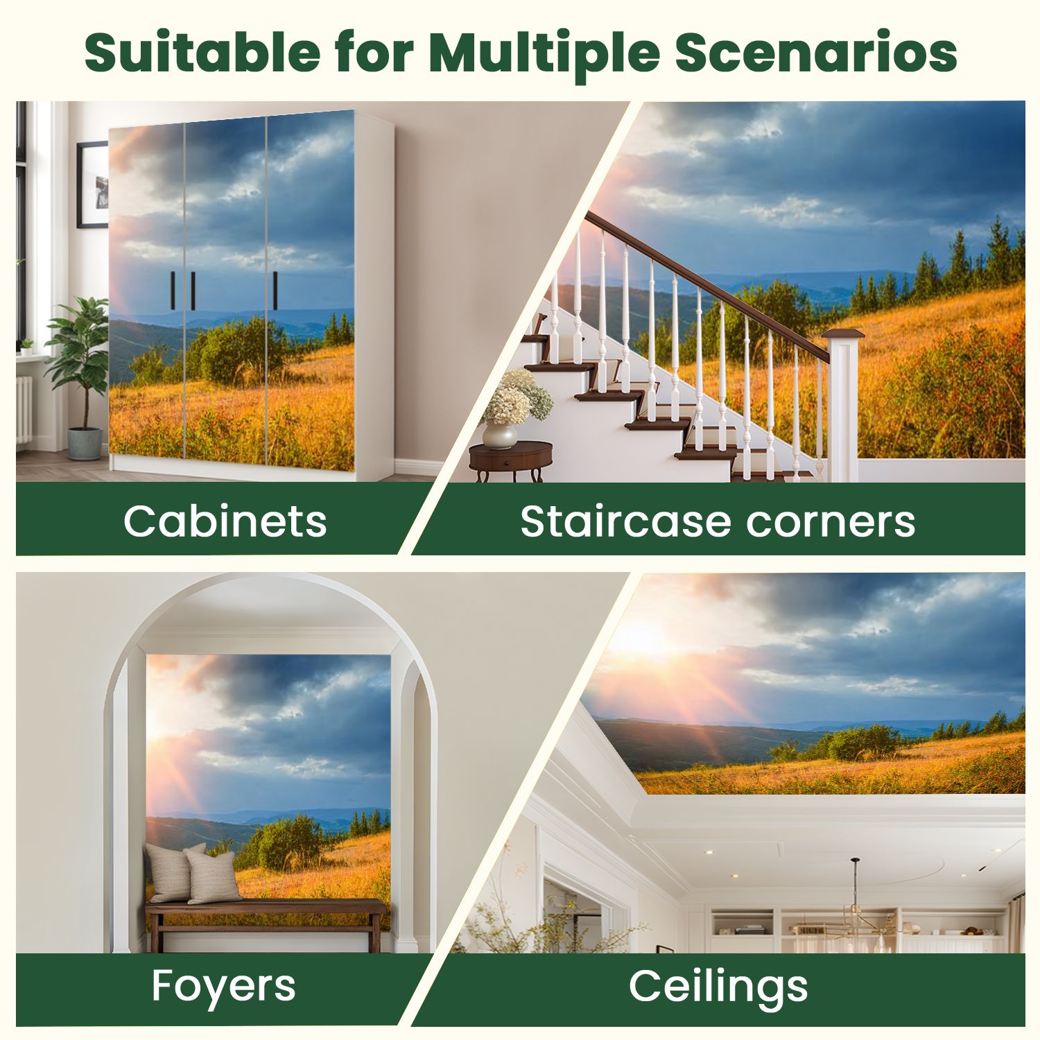 Peel and Stick Wallpaper Sunrise Carpathian mountains grassy meadows forested hill Wide photo Modern Art Wall Mural Decor Self Adhesive and Removable 100in x 144in