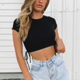 thumbnail image 4 of EGNMCR T Shirts for Women Ladies Color Short-Sleeved Drawstring Cropped Round Neck Casual, 4 of 9
