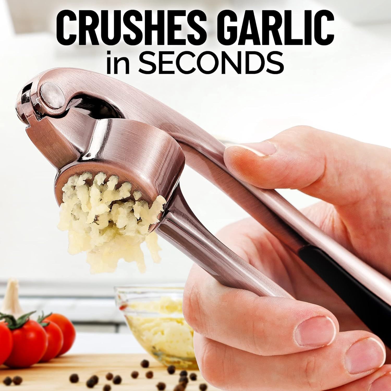 DIANJIE Kitchen Premium Garlic Press Set Rust Proof Professional Garlic Mincer Tool Easy Squeeze Easy Clean Soft Ergonomic Handle Silicone Garlic Peeler Brush Copper