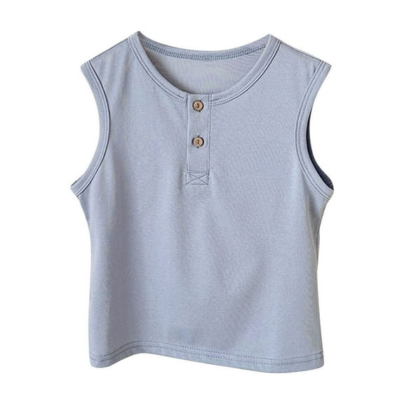 Summer Tank Tops for Girls Crewneck Button Sleeveless Tops Kids Casual Cotton Shirts
