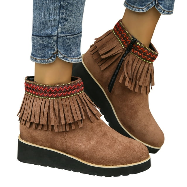 LSLJS Bottes Décontractées Courtes à Talon Compensé à Glands avec Grande Fermeture Éclair Latérale Simple, Bottines à Talon Compensé pour Femmes