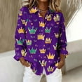 thumbnail image 2 of LEKWK Mardi Gras Shirts for Women Fun Party Food Graphic Print Dress Blouses Long Sleeve Button Down Casual Daily Outfits, 2 of 8