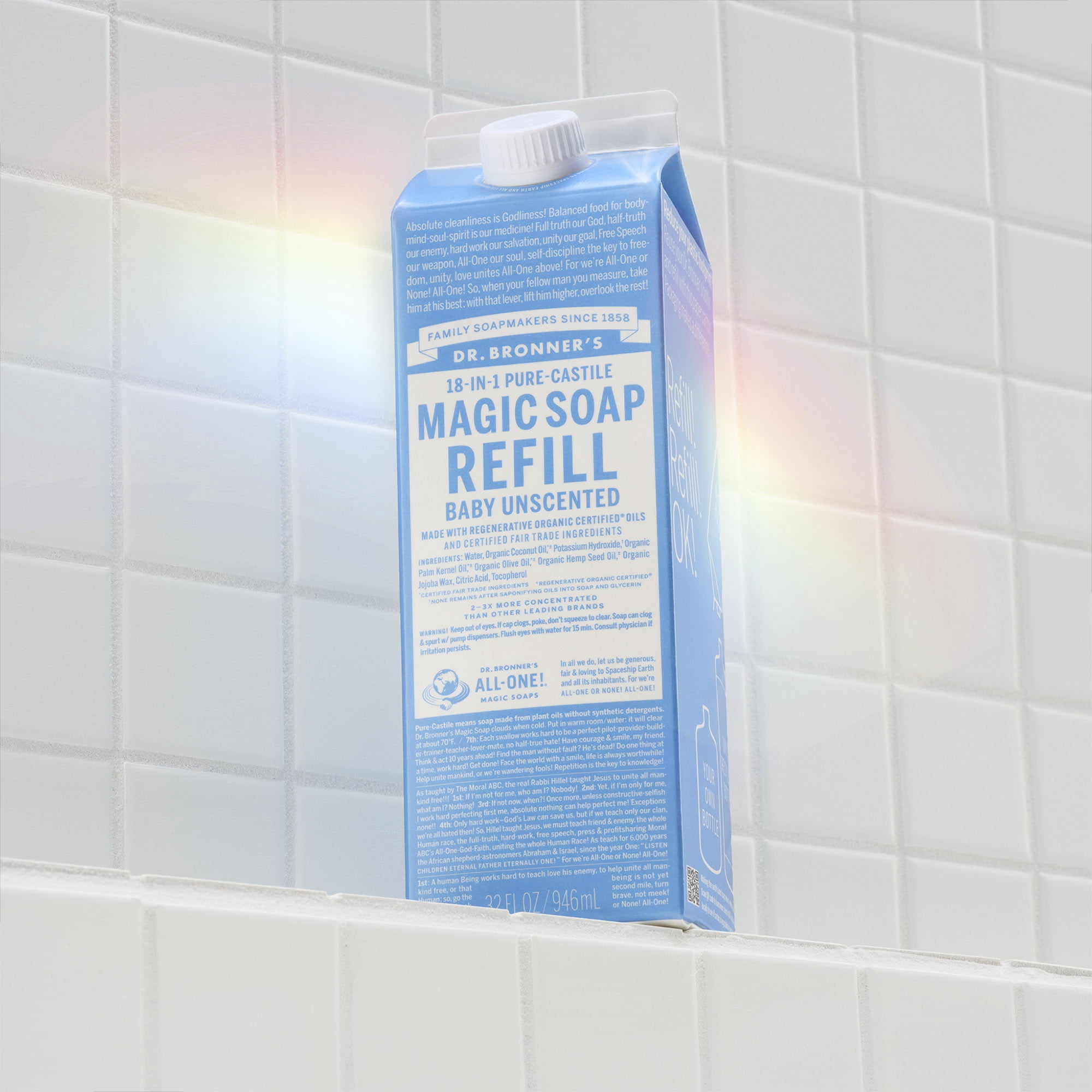 Dr. Bronner's Magic Soap Refill - Baby Unscented - Pure-Castile Liquid Soap Carton - 32 oz – for face, body wash, hands