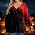 thumbnail image 6 of Fall Halloween Plus Size V Neck Wrap Flowy Graphic Long Sleeve Blouse Tops Red XL, 6 of 6