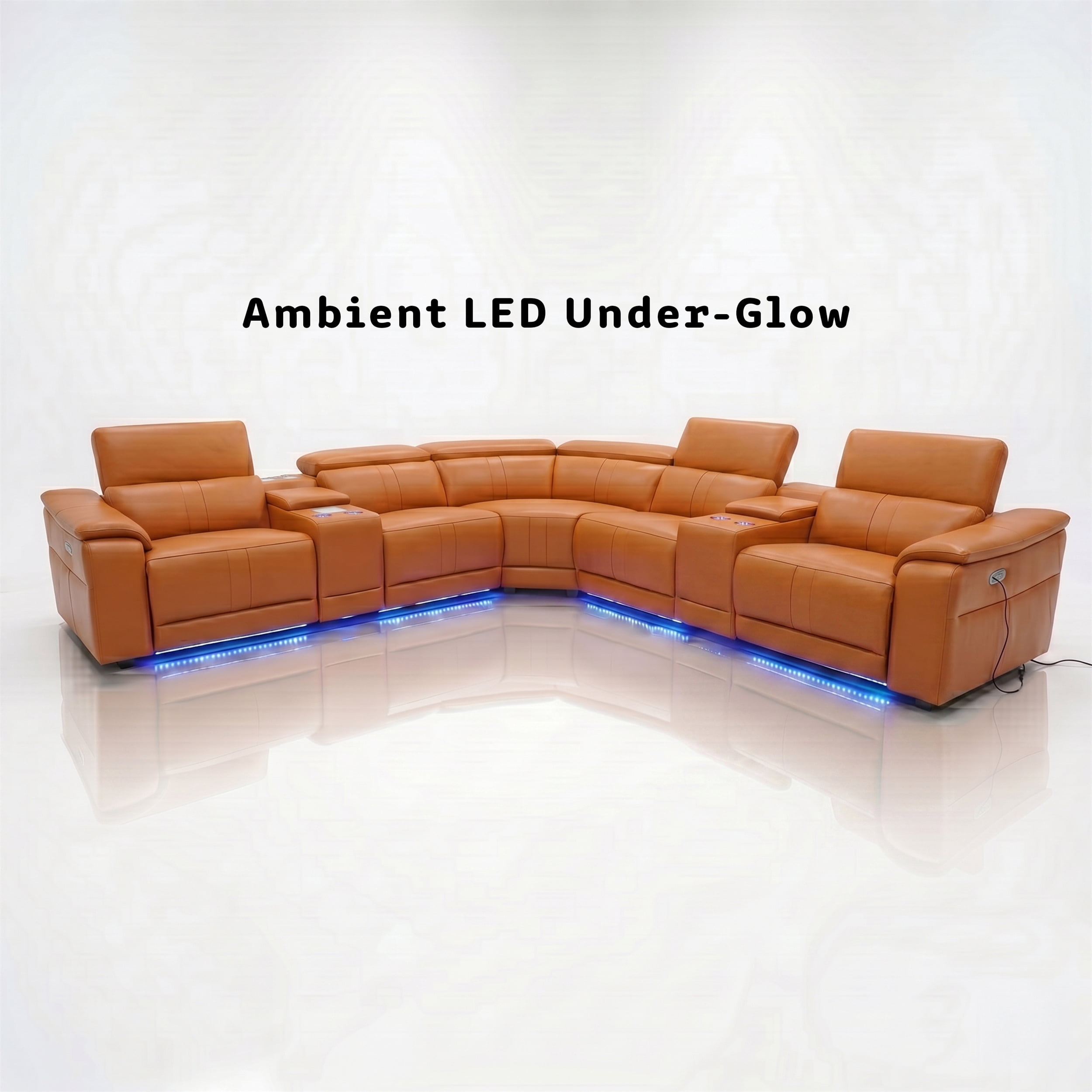 Arron Modern Leather Power Reclining Sectional Sofa with Media Console, Wireless Charging, Bluetooth Speakers, and Ambient LED Under-Glow, Caramel
