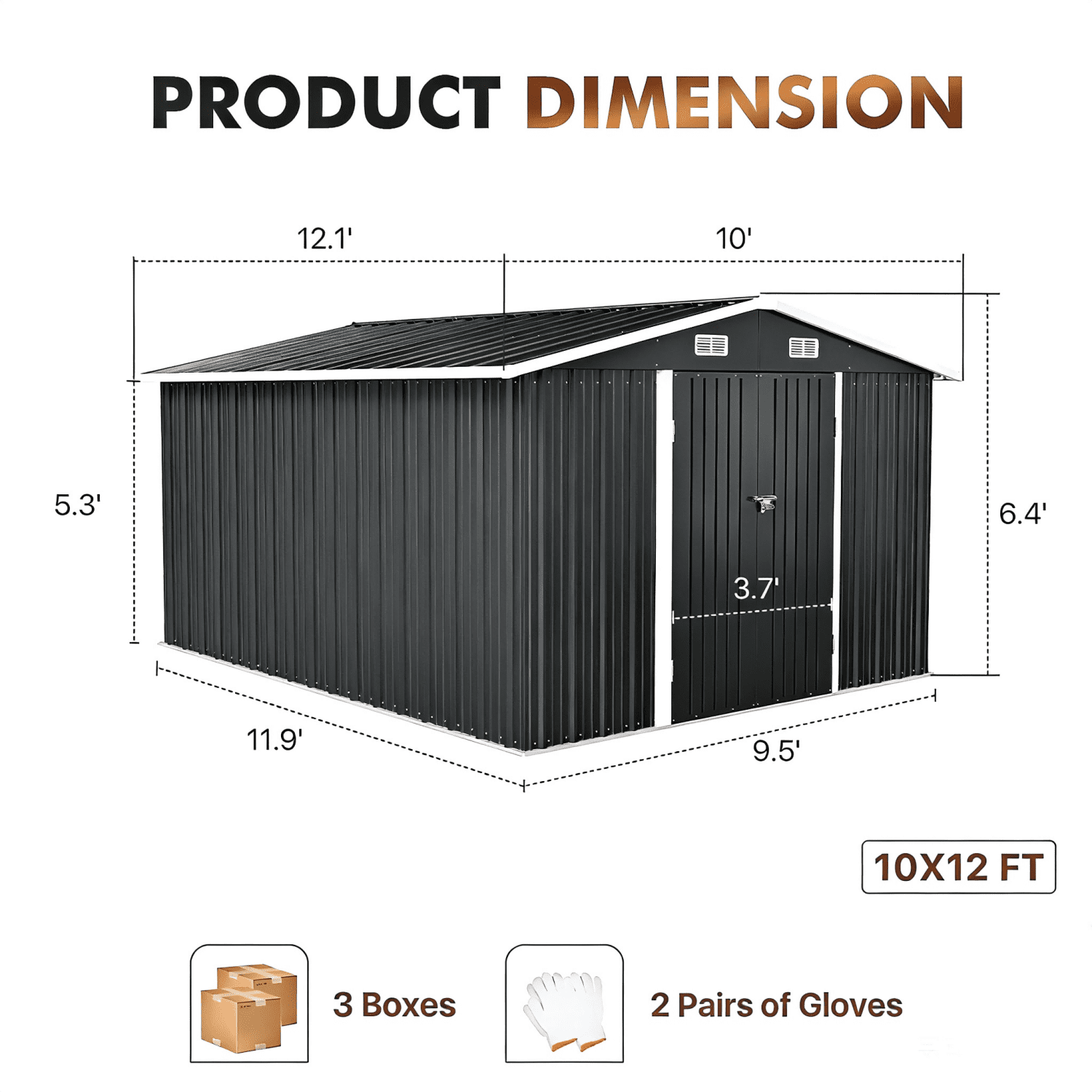 BaPiPro 10x12FT Outdoor Metal Storage Shed with Lockable Doors, Garden Tool Shed Bicycle Shed, Black