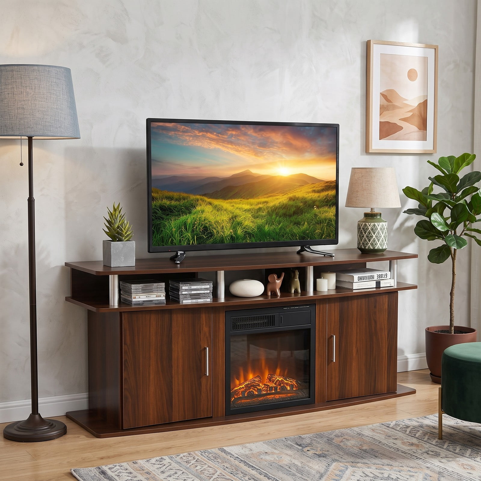 Furnibear 63 Inch TV Stand Entertainment Center for TVs up to 70 Inch, Modern Media Console with 2 Storage Cabinets and Open Shelves, Fireplace-Ready Wood TV, Walnut