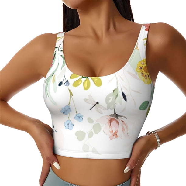 Fotbe Wildflowers Sujetador Deportivo Largo sin Aros para Mujer con Almohadillas y Soporte Medio, Transpirable y Absorbente, Camiseta Tipo Chaleco o Tank Top-Medium