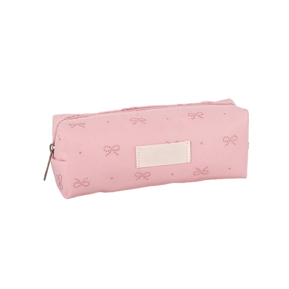Bow Print Pencil Case,Soft Fabric Lightweight Zipper Pen Bag with Blank Name Label Patch for Office Home Workspace