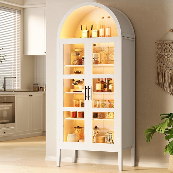 Yeshouse Tall Arched Pantry Cabinet with 3-Color LED, Glass Doors & Adjustable Shelves – Elegant 70" Wood Display Storage for Kitchen, Dining, or Living Room