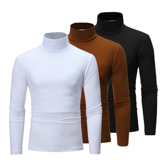 Jizyo 3 Pack Men's Long Sleeve T-shirt Pullover Sweaters Mock Neck Knitted T Shirt Basic Slim Fit Tee Tops Black&Coffee&White M