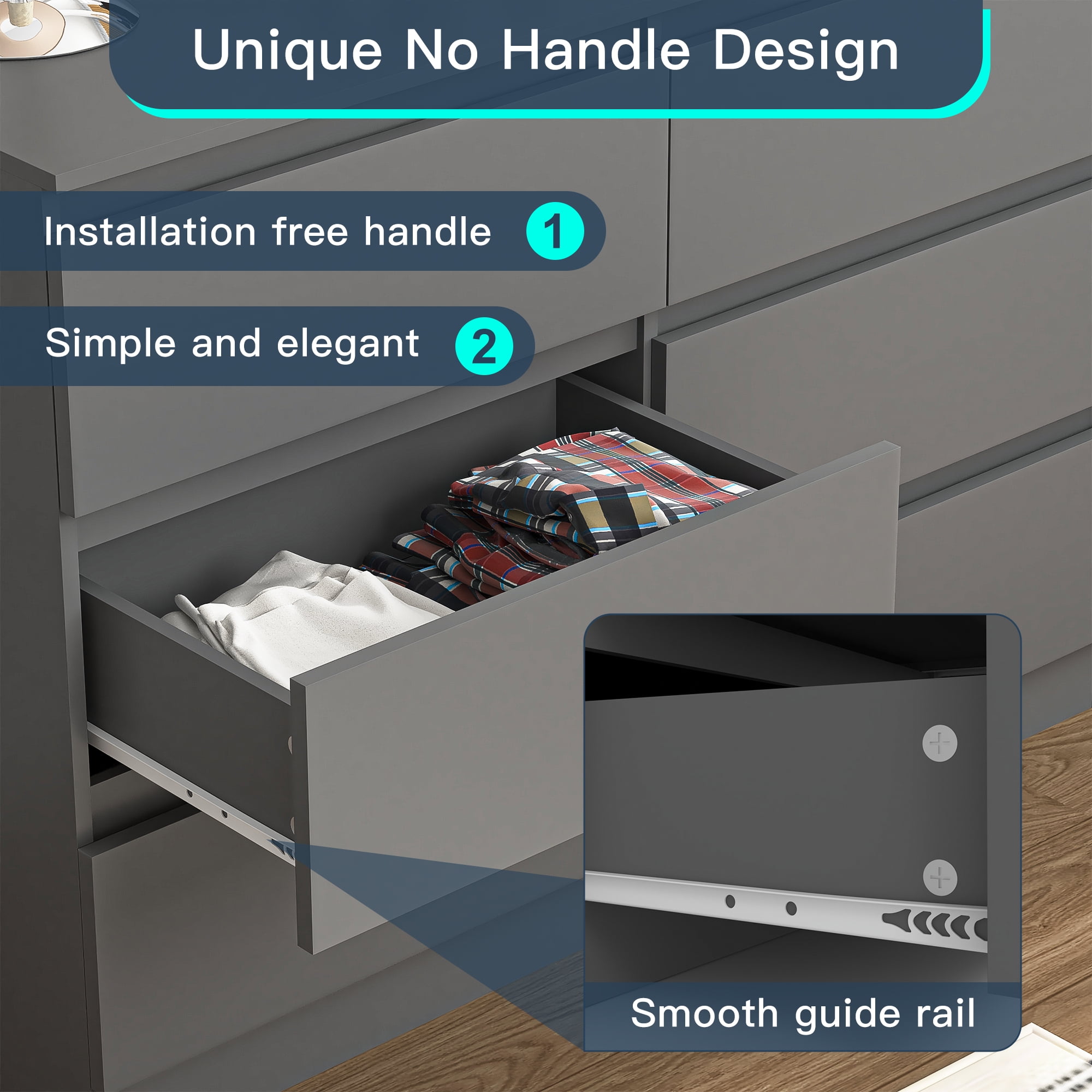 Demi Bonn 9 Drawer Double Dresser, Modern 9 Chest of Drawers with Deep Drawers, Wide Storage Organizer Cabinet for Living Room, Gray