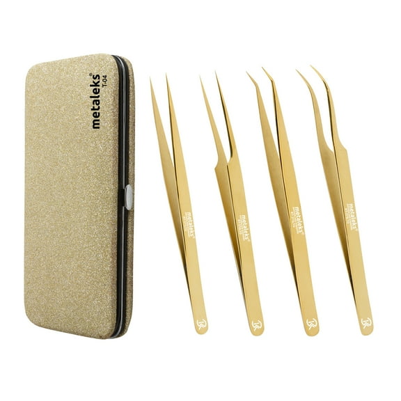 4PCS - 14CM Golden Titanium Coated Eyelash Extension Tweezers With Golden Glitter Elastic Kit - Made of Japanese Stainless Steel