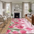 thumbnail image 2 of Pink Tulip Flower Large Area Rugs 8x10 ft Hello Spring Floral Buffalo Plaid Wood Washable Rug Non Slip Indoor Carpet Absorbent Floor Mat for Living Room Bedroom Dining Room, 2 of 9
