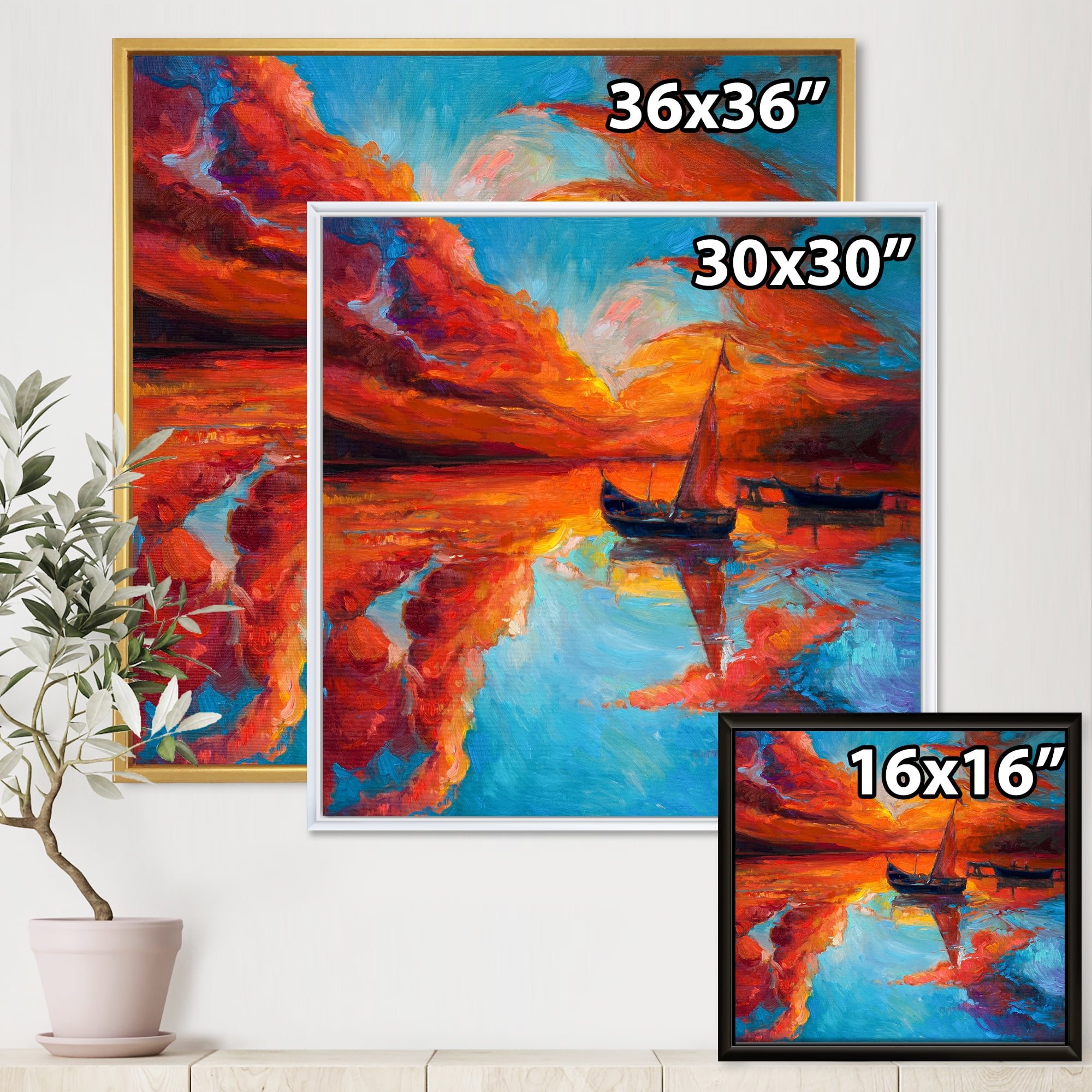 Little Boat During Warm Deep Red Evening Glow 30 in x 30 in Framed Painting Canvas Art Print, by Designart