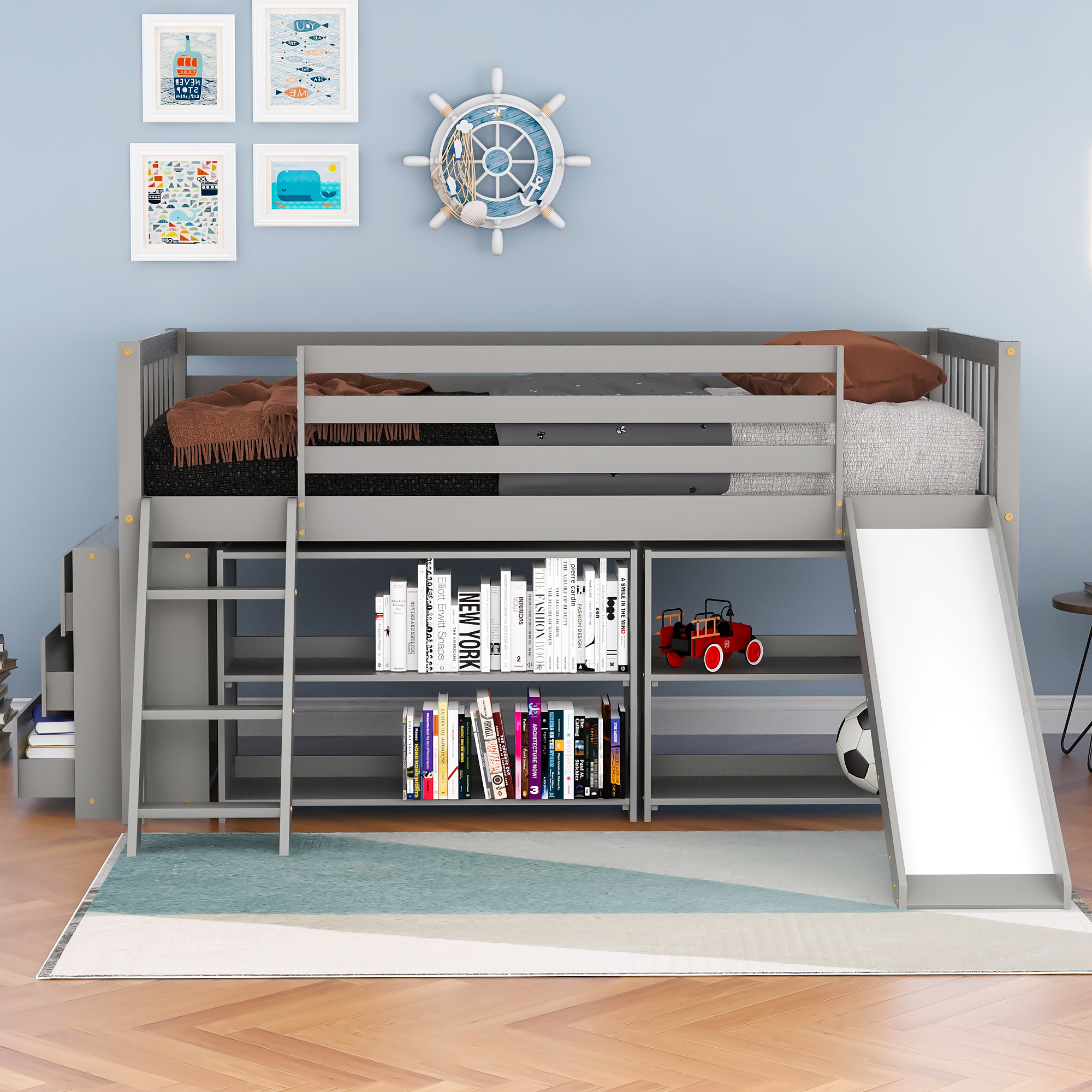 Euroco Wood Twin Size Low Loft Bed with Bookcase, Drawers, Ladder and Slide, Gray - image 3 of 12
