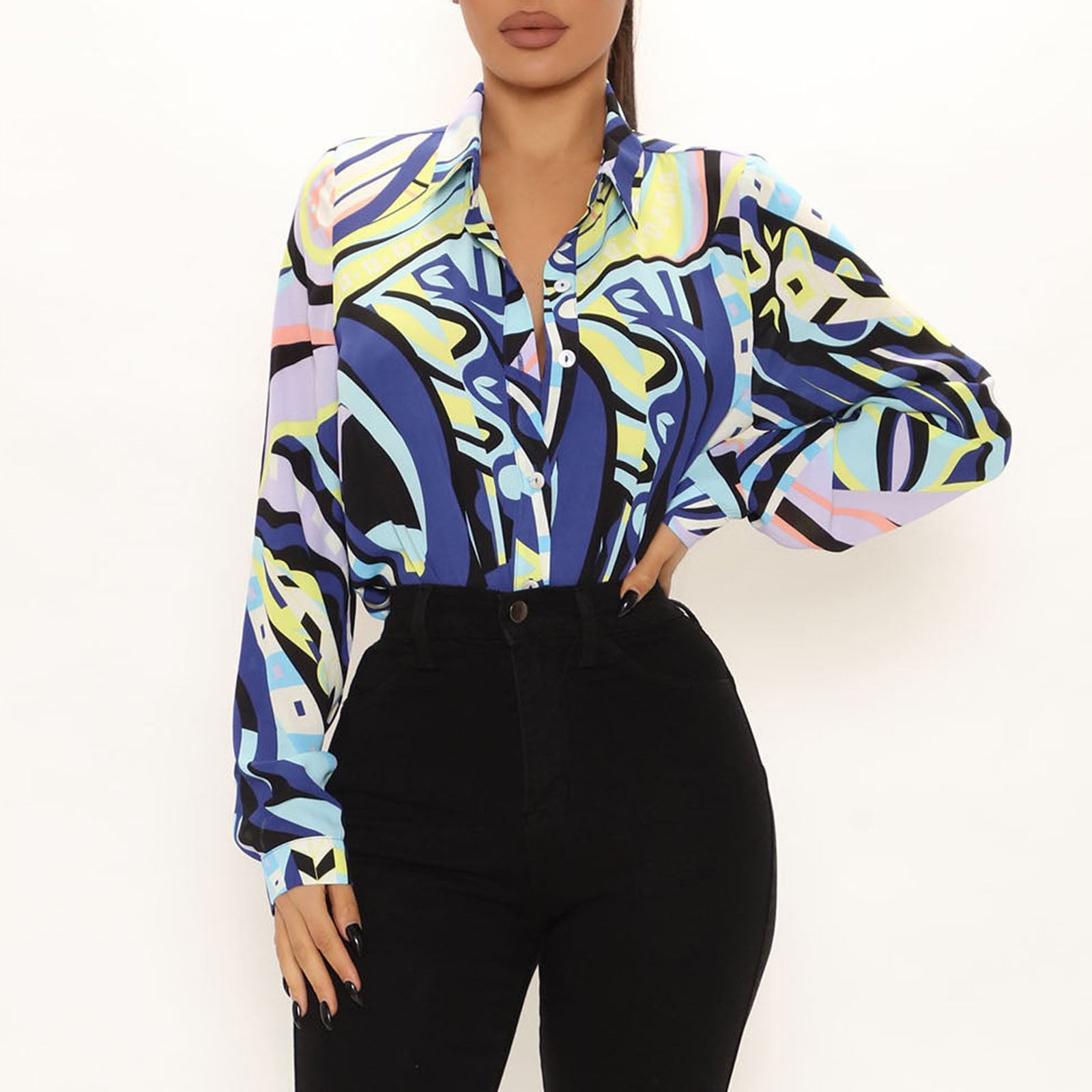 Women's Casual Tunic Fashion Summer Turndown Collar T-Shirt Printed Long Sleeve Tops Plus Size Blouses Shirt Dressy for Fall