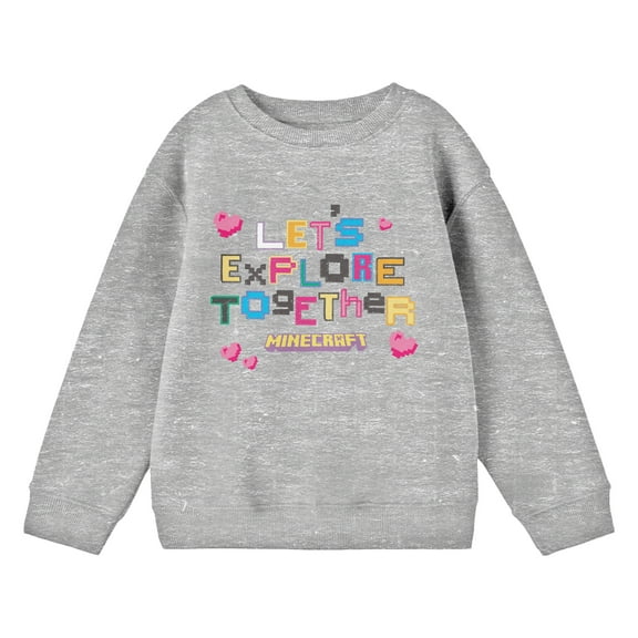 Minecraft Franchise Let's Explore Together Youth Heather Gray Crew Neck Sweatshirt-Medium