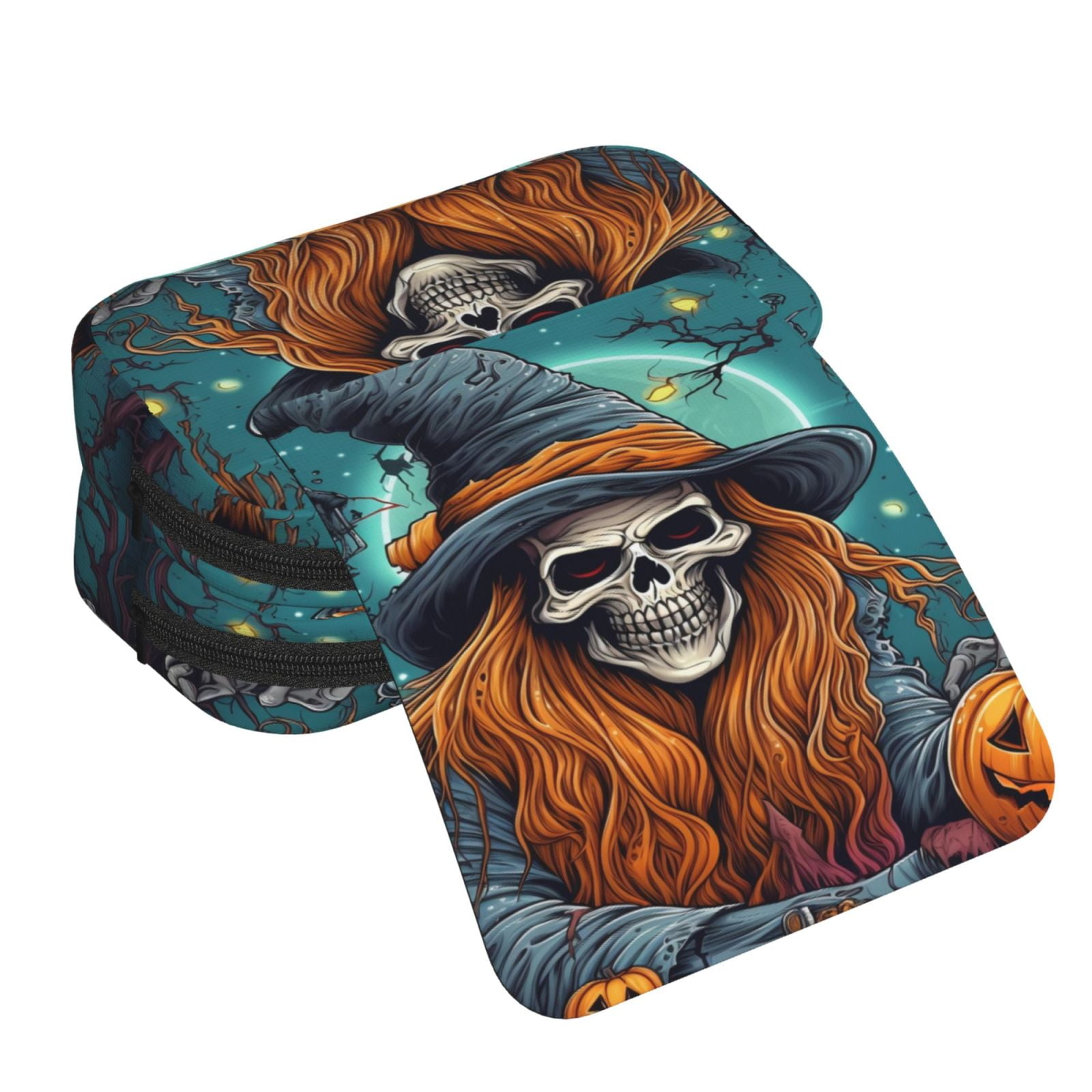 Rateoe Cartoon Pumpkin Skull Pattern Double Clamshell Pen Case, Storage Organizer with Two Zipper Compartments– Holds Up to 50 Pencils & Pens