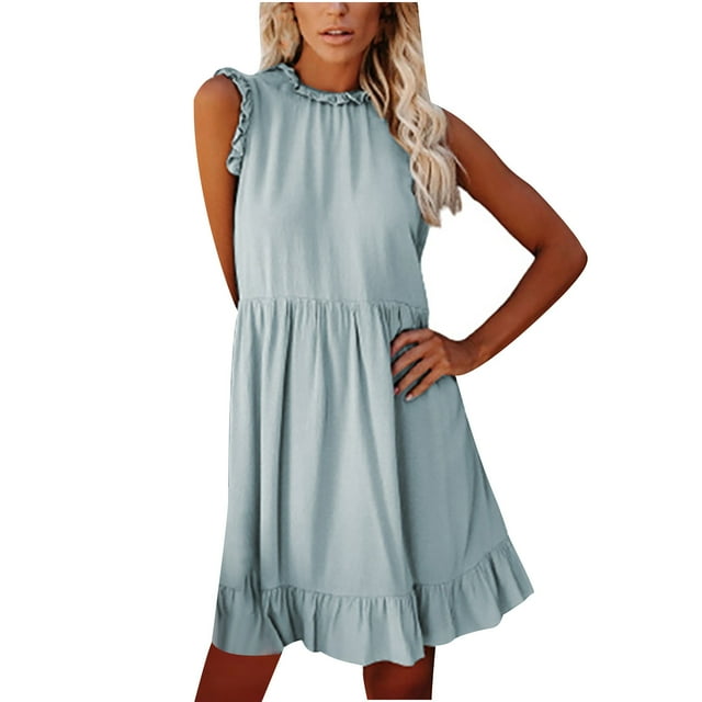 Fridja Womens O-Neck Été Sans Manches Solide Soirée Sling Mini Robe