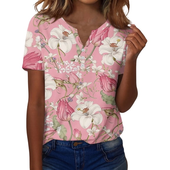 ASDFVBKG Valentine Floral Print Tees for Women Summer Crew Neck Blouses casual short Length Sleeve Valentines Day Outfits Pink S