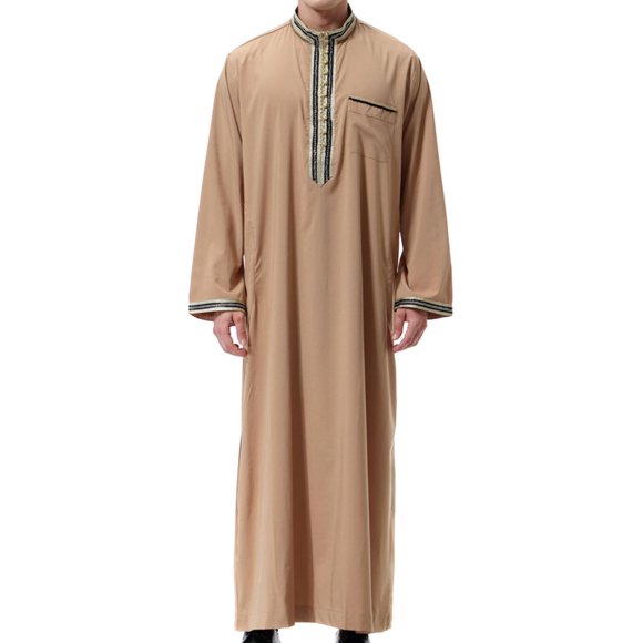 Blusa y camisa de manga larga con cuello alto para hombre, túnica musulmana, túnica árabe de estilo medio, camisa larga con bolsillo y cuello alto bordada de manga larga, túnica informal de moda para