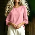 thumbnail image 5 of hoksml Women's Cotton Linen Round Neck 3/4 Bell Sleeve Blouse with Eyelet Trim, Loose Fit Casual Summer Daily Wear Top, 5 of 7