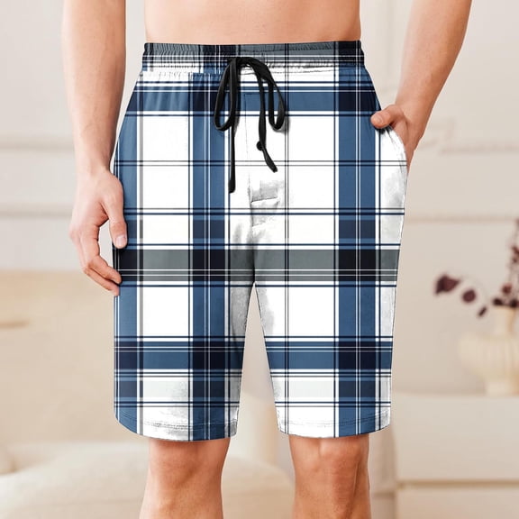 Mens Shorts Drawstring Elastic Waist Plaid Pocket Sleep Shorts Casual Lounge Bermuda Shorts White XXXL