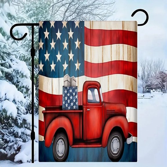RKSupls Patriotic Linen Double Sided Garden Flag, Independence Day Themed Yard Decor, Red Truck with Gift Box on Wooden Flag Background Outdoor Banner for Holiday Lawn